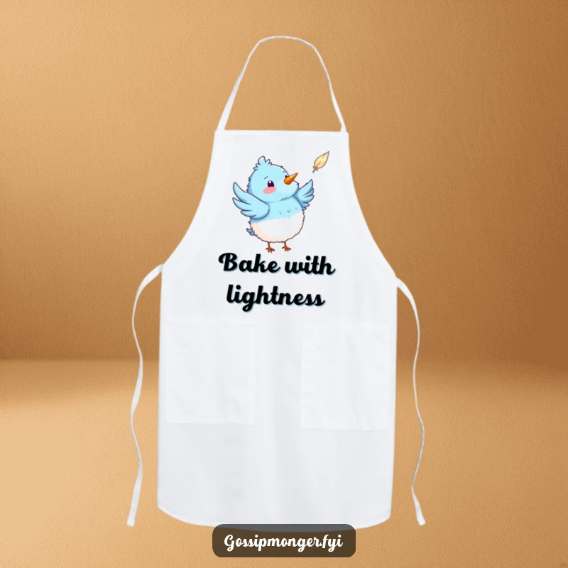 Funny blue bird apron showing a fluffy bird pointing excitedly at a floating feather, perfect for kitchen duties with a whimsical touch.