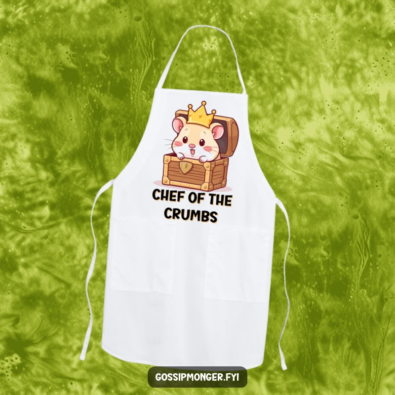Funny Apron: A curious hamster wearing a crown peeks from a treasure chest, bringing a funny, royal vibe to the kitchen, ideal funny gift.