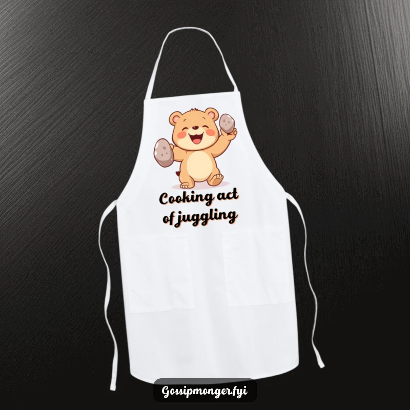 Funny bear apron with a joyful bear cub grinning while juggling three oversized shiny pebbles, ready to cook.