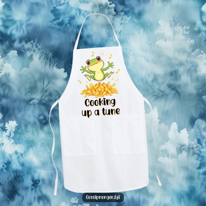 Funny apron with a small green frog joyfully leaping from golden musical notes, adding a musical touch to the kitchen.