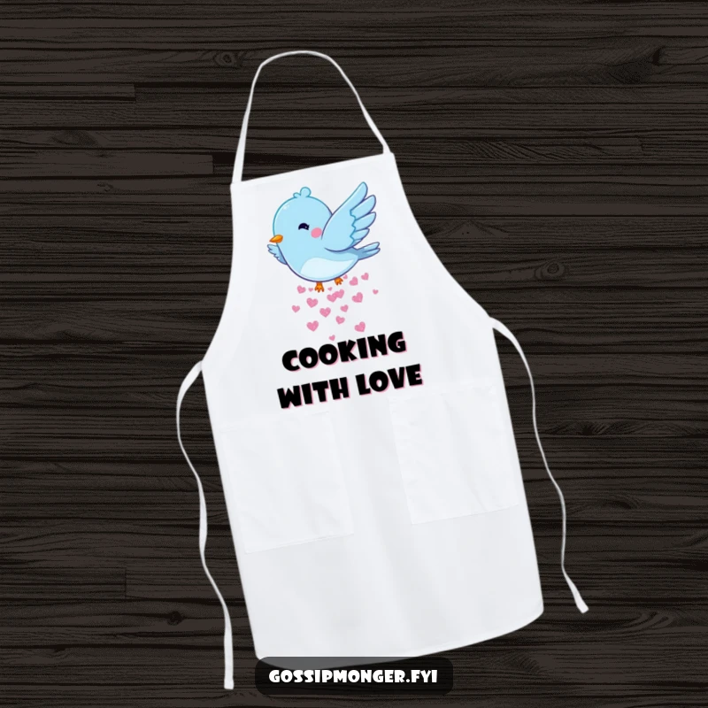 Funny Bluebird Hearts Apron: A cute apron featuring a bluebird dropping hearts, ideal for a joyful and clean cooking experience.