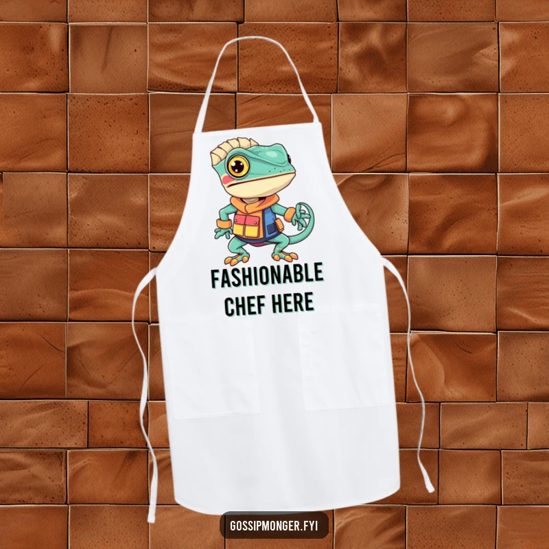 Funny chameleon apron with a confident chameleon sporting a unique, vibrantly colored outfit, ideal for stylish and humorous cooking.