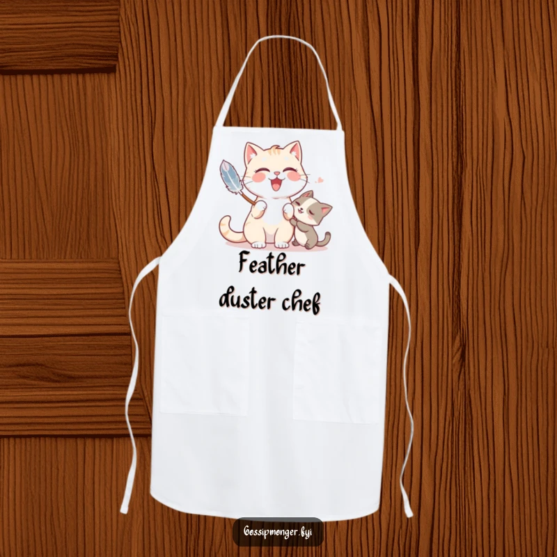 Funny apron with a giggling cat playfully tickling a friend with a feather duster, ready for culinary fun.