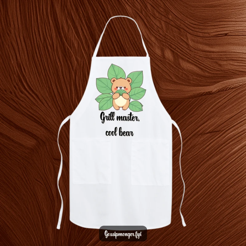 Funny Bear Apron: A small, round bear holds a fan made of gigantic leaves, a humorous and practical kitchen accessory.