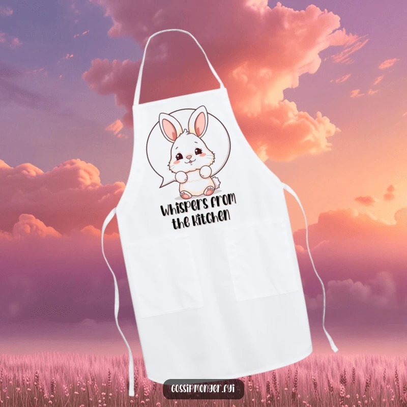 Funny bunny apron with a fluffy rabbit peeking over the edge, wiggling its nose playfully while cooking.