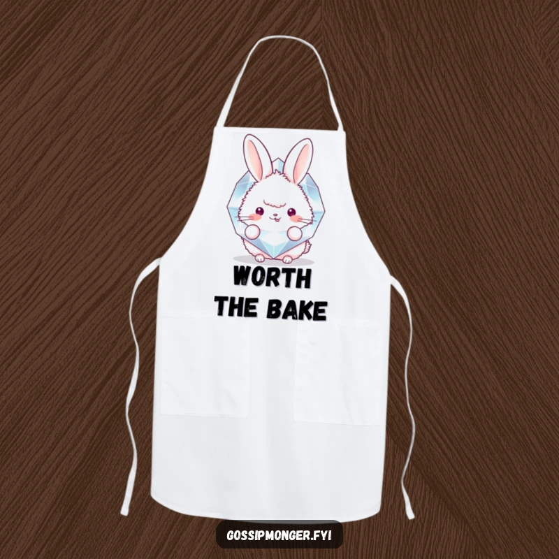 Funny apron showing a fluffy bunny peeking from behind a large, sparkling diamond, ideal for cooking or baking with a playful and charming flair.