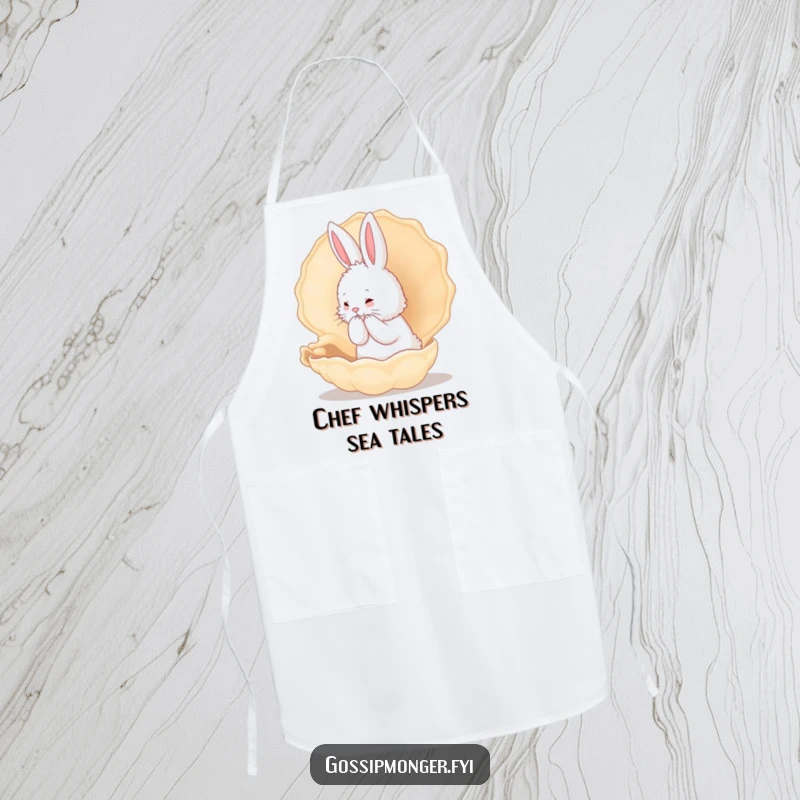 Funny Bunny Apron: A fluffy white rabbit whispers secrets into a giant conch shell, a humorous and practical kitchen accessory.