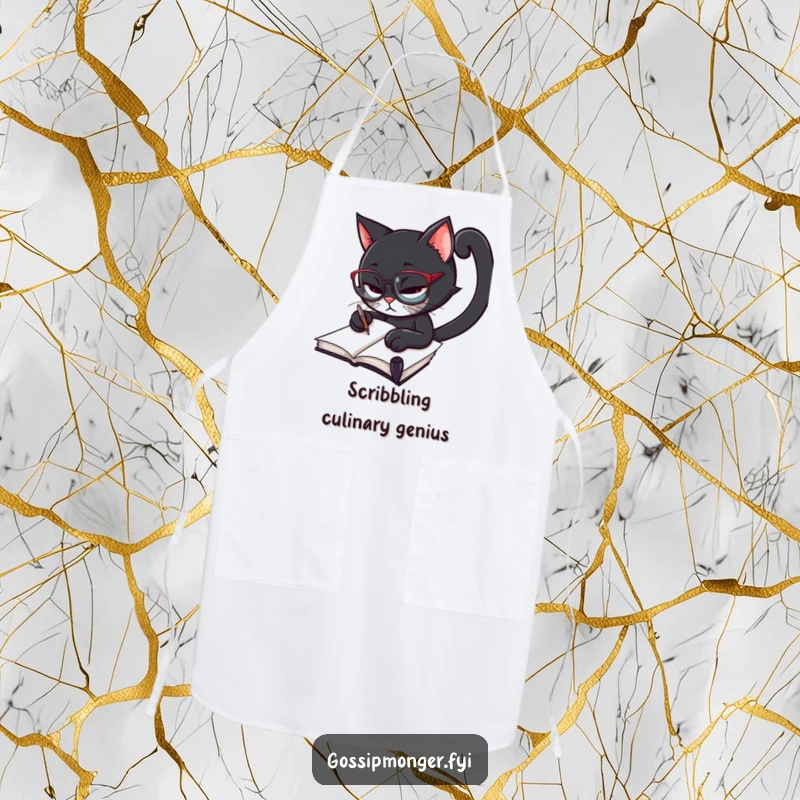 Funny black cat wearing spectacles, furiously scribbling in a notebook with a quill, chef apron for culinary artists and writers.