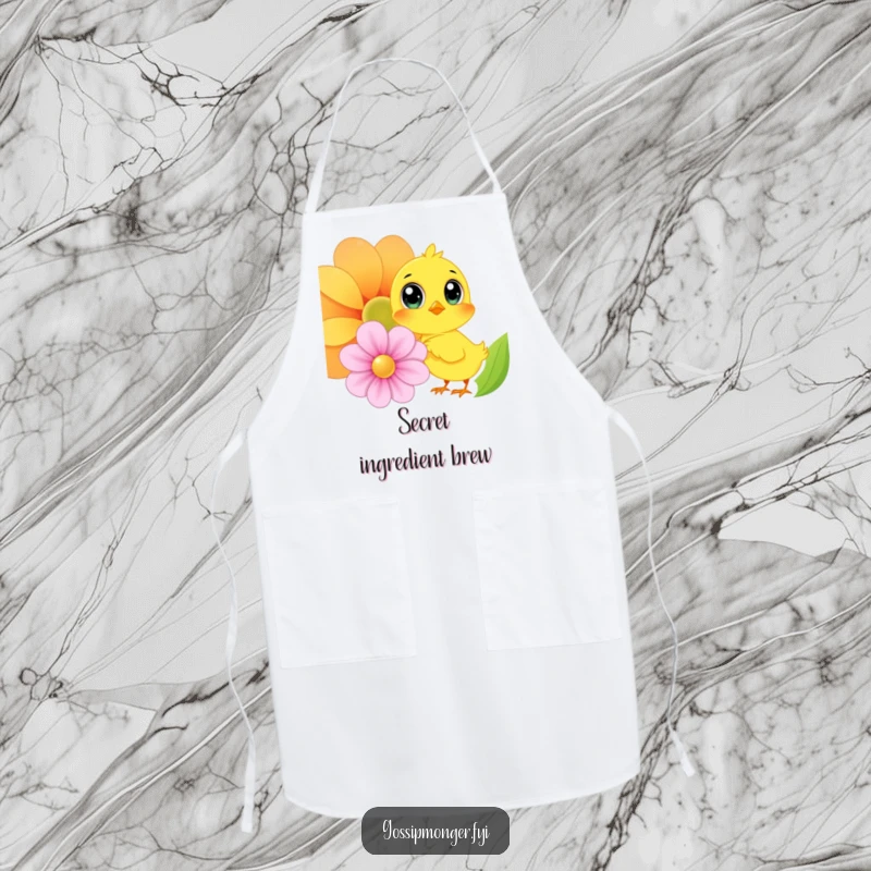 Funny Chick Apron: A bright yellow chick with wide eyes whispers into a flower, making this a humorous and practical kitchen accessory.