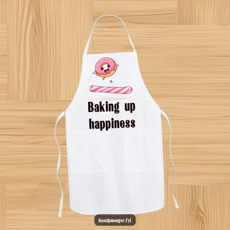 Funny donut apron with a happy donut gleefully bouncing on a large candy cane, perfect for adding sweet humor to cooking.