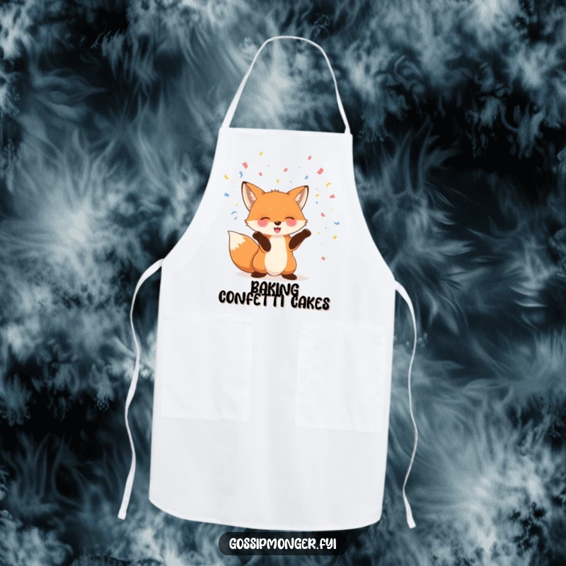 Funny fox apron with a giggling fox throwing confetti, ready to host a fun and festive kitchen party.