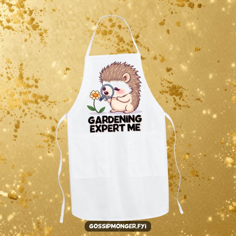 Funny tiny hedgehog with a magnifying glass looking at a whispering flower on a protective and humorous kitchen or garden apron.