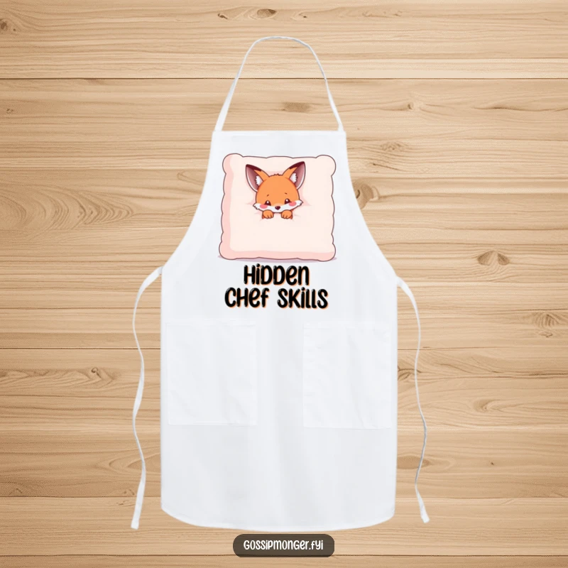 Funny apron showing a tiny kawaii fox peeking from behind a giant pillow, embodying a shy but helpful kitchen assistant.