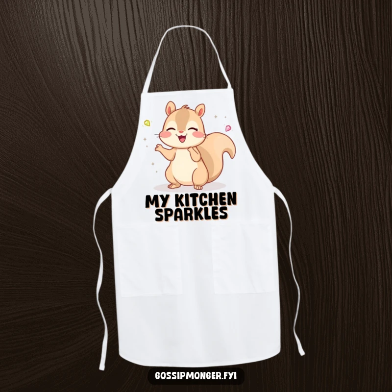 Funny Kawaii Squirrel Apron: A cheerful, cute squirrel juggles tiny, sparkling gems with a delighted expression, a fun kitchen accessory.