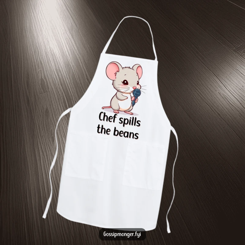 Funny mouse apron, holding a tiny microphone, leaning to hear a secret, cooking kitchen wear, curious and functional design.