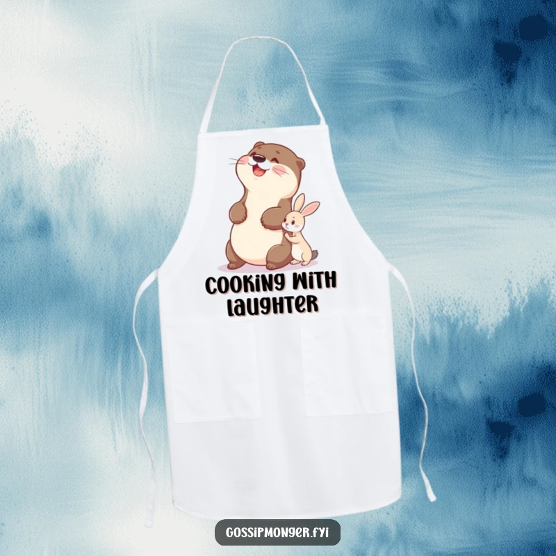 Funny otter apron with a delighted otter slapping its belly while a tiny rabbit whispers, cooking companion.