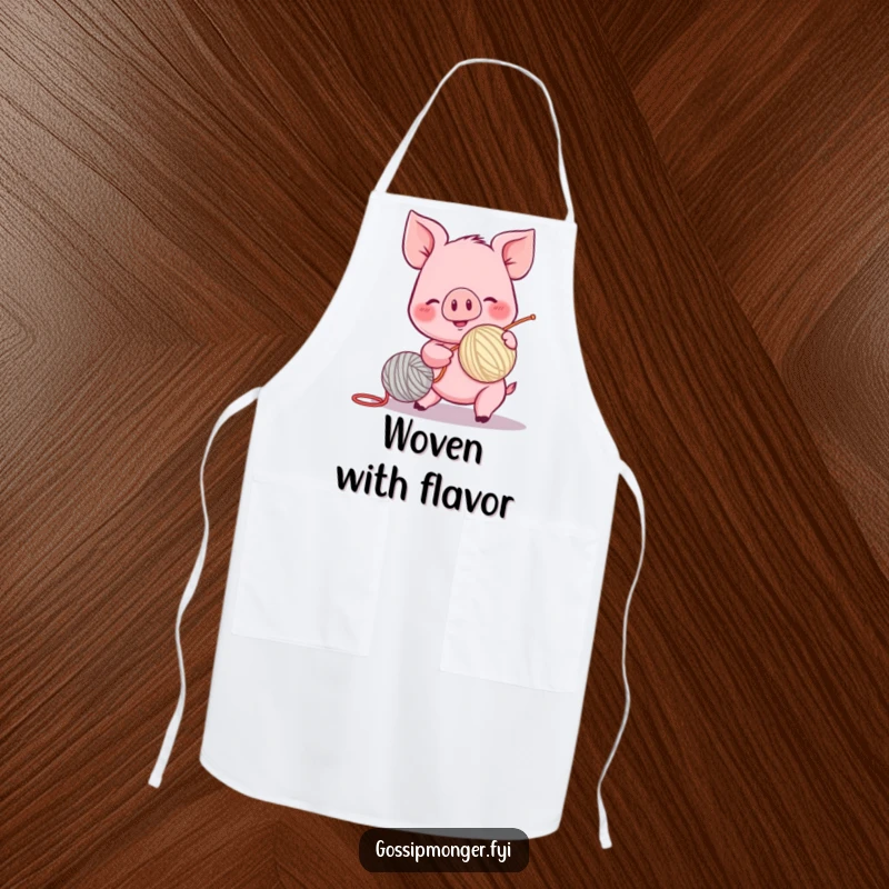 Funny piglet apron, spinning a yarn ball with excitement, rosy cheeks, cooking kitchen wear, playful and functional design.