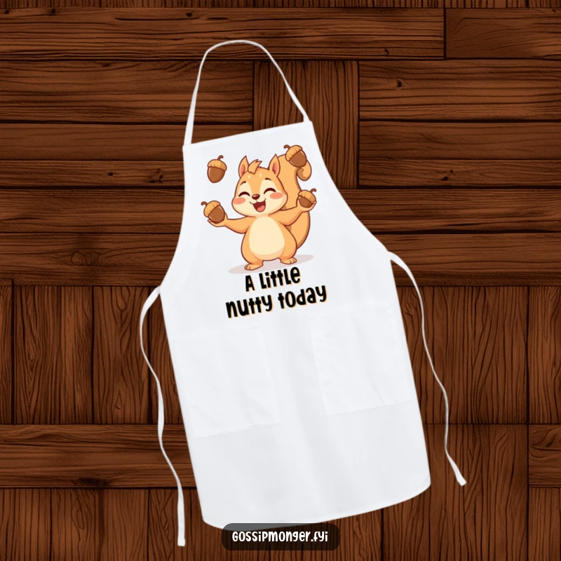 Funny apron with a cheerful squirrel skillfully juggling acorns, ready to assist in the kitchen with a smile.