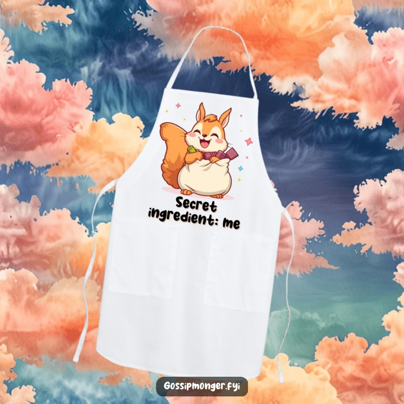 Funny apron featuring a joyful squirrel with legs overflowing bag of imaginary secrets, ready for kitchen adventures.