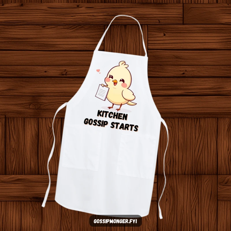 Funny gossiping bird apron, a cheerful bird carrying a small note, designed for kitchen fun and protection with a side of lighthearted gossip.