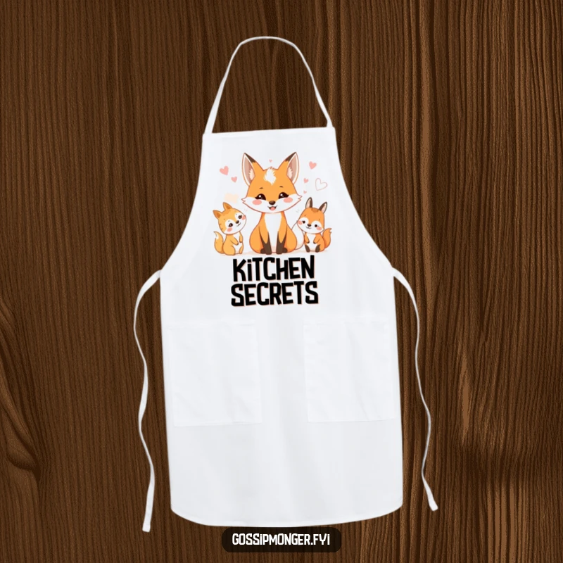 Funny apron featuring a smiling fox sharing whispers with woodland creatures. Kitchen storyteller.
