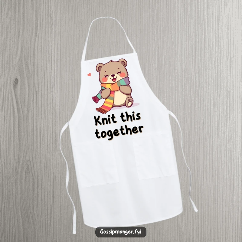 Funny apron showcasing a joyous bear happily knitting a very long, colorful scarf, perfect for crafting in the kitchen.
