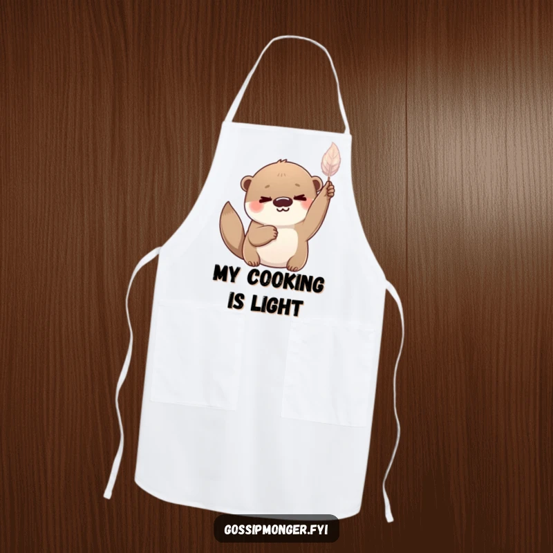 Funny playful otter with a knowing smile, holding a delicate shimmering feather aloft, chef apron.