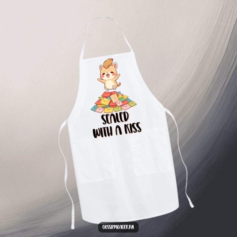 Funny creature with a bushy tail bouncing on colorful envelopes, printed on a durable apron, adding a humorous and joyous element to cooking.