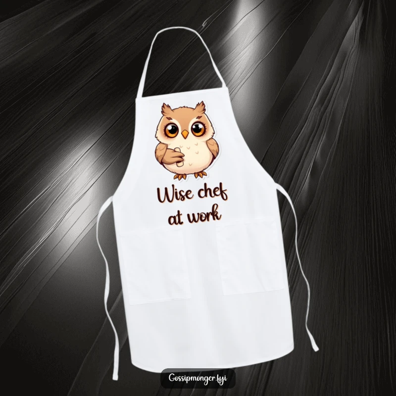 Funny plump happy owl with wide curious eyes, holding a tiny rolled-up scroll, chef apron for cooks.