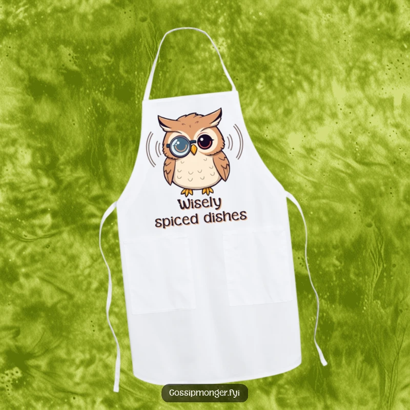 Funny owl apron, wearing a monocle, listening to a sound wave, cooking kitchen wear, intellectual and functional design.