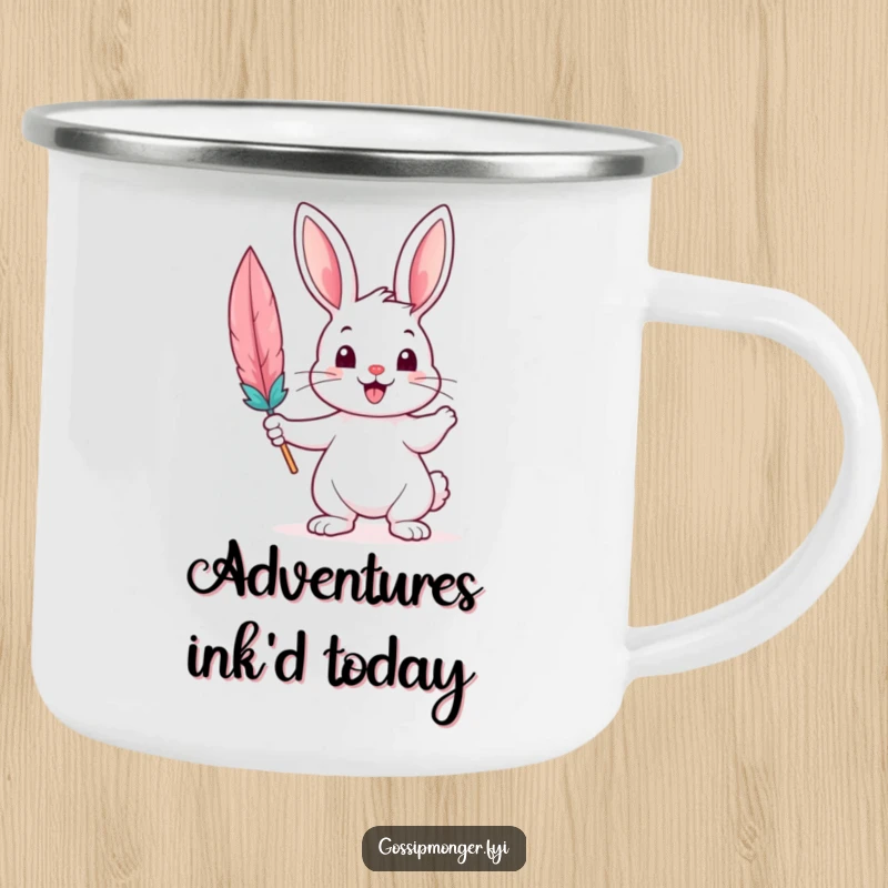 Funny Camping Mug featuring a cheerful bunny with a feather quill, ready for outdoor adventures and storytelling.