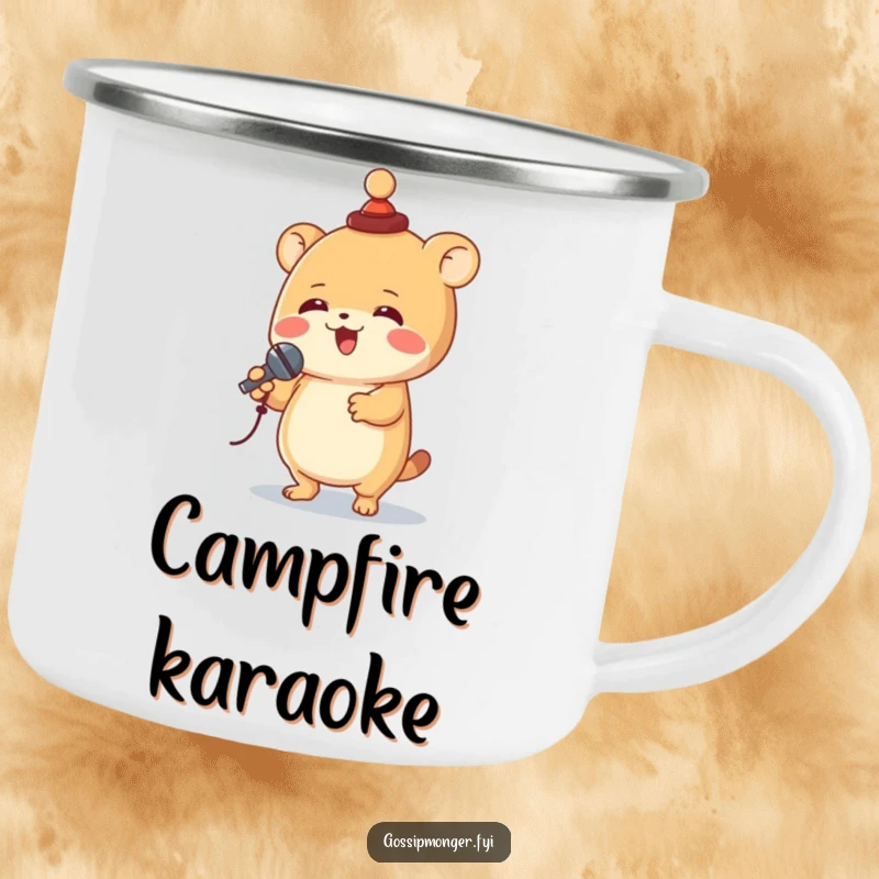 Funny creature with a tiny hat spinning with a microphone, depicted on a rugged camping mug, ready for outdoor performances and melodies.