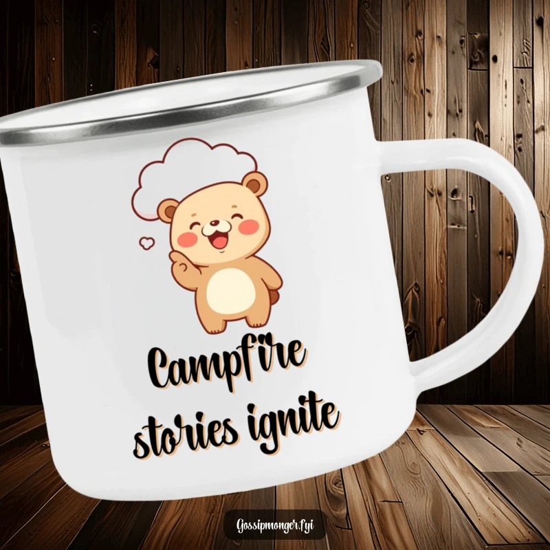 Funny Kawaii Bear Camping Mug: A giggling, cute bear excitedly points at a floating cloud, a durable and humorous outdoor mug.