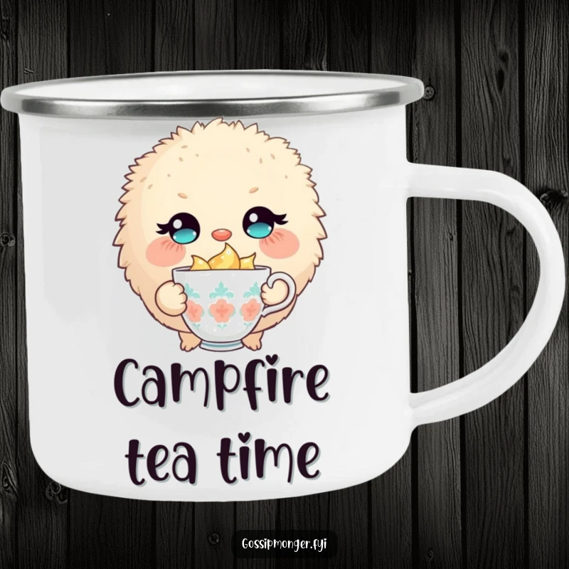 Funny camping mug featuring a round, fluffy creature winking slyly, holding a tiny, overflowing teacup, for adventurous fun.