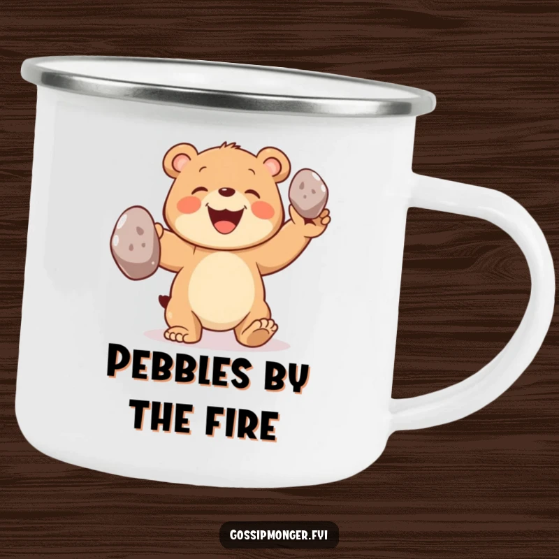 Funny bear camping mug with a joyful bear cub grinning while juggling three oversized shiny pebbles, outdoor humor.