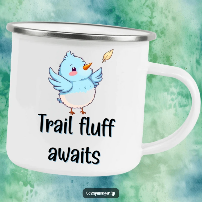 Funny blue bird camping mug with a fluffy bird pointing at a feather, perfect for enjoying beverages on the go.