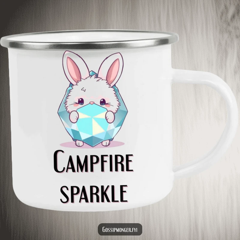 Funny camping mug with a fluffy bunny peeking behind a sparkly gemstone. Outdoor enchantment.