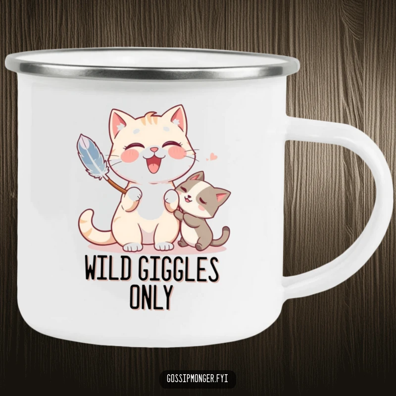 Funny camping mug with a giggling cat playfully tickling a friend with a feather duster, perfect for adventures.