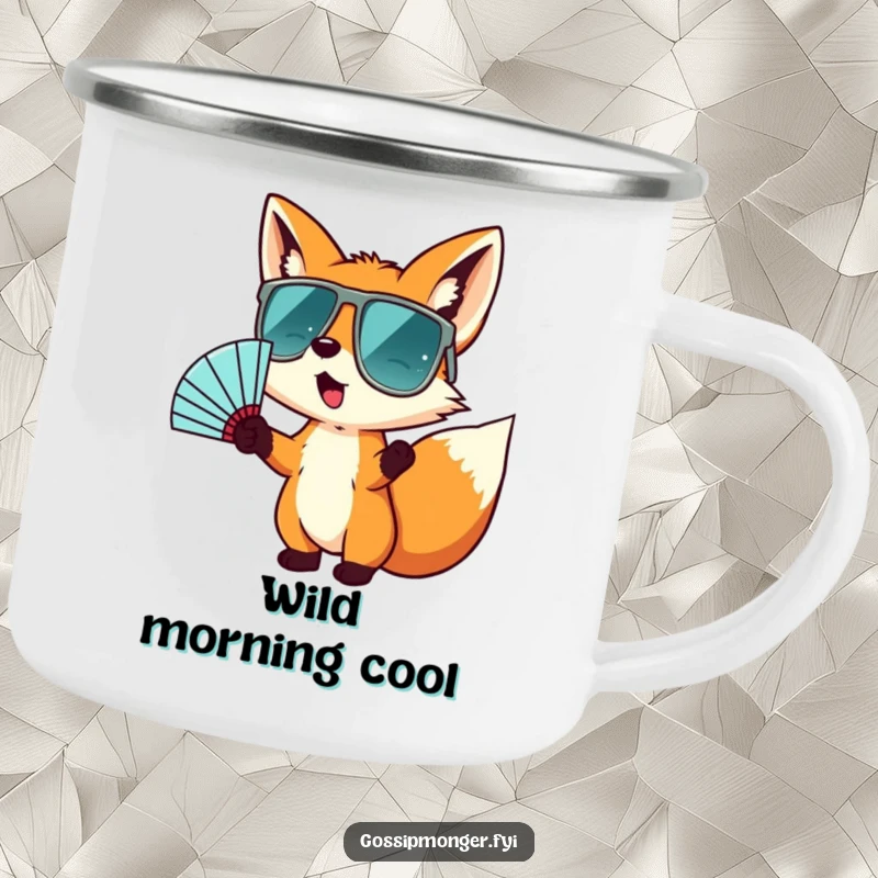 Funny camping mug showing a tiny fox in oversized sunglasses, wildly gesturing with a fan, perfect for outdoor drinks with a cool and playful flair.