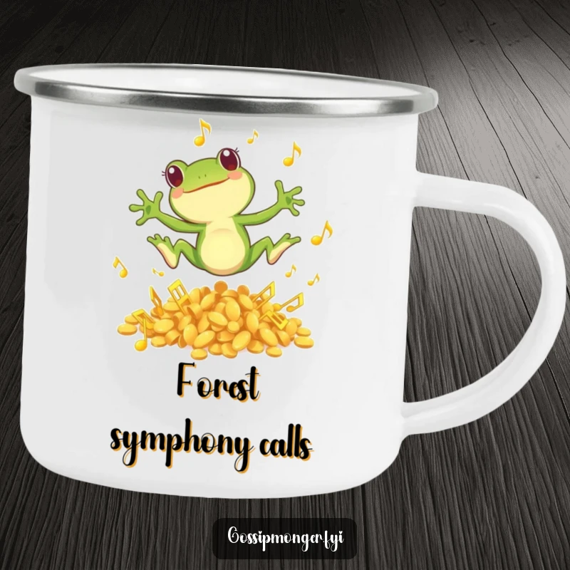 Funny camping mug with a small green frog joyfully leaping from musical notes, perfect for outdoor adventures and cheerful sips.