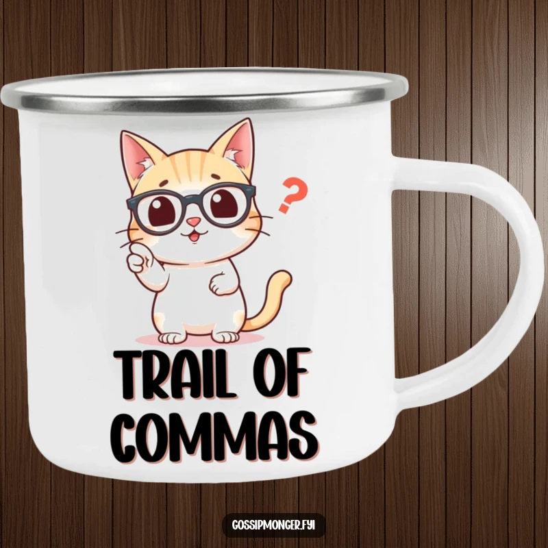 Funny camping mug with a studious cat wearing glasses, pointing at a misplaced comma, ready for outdoor adventures.
