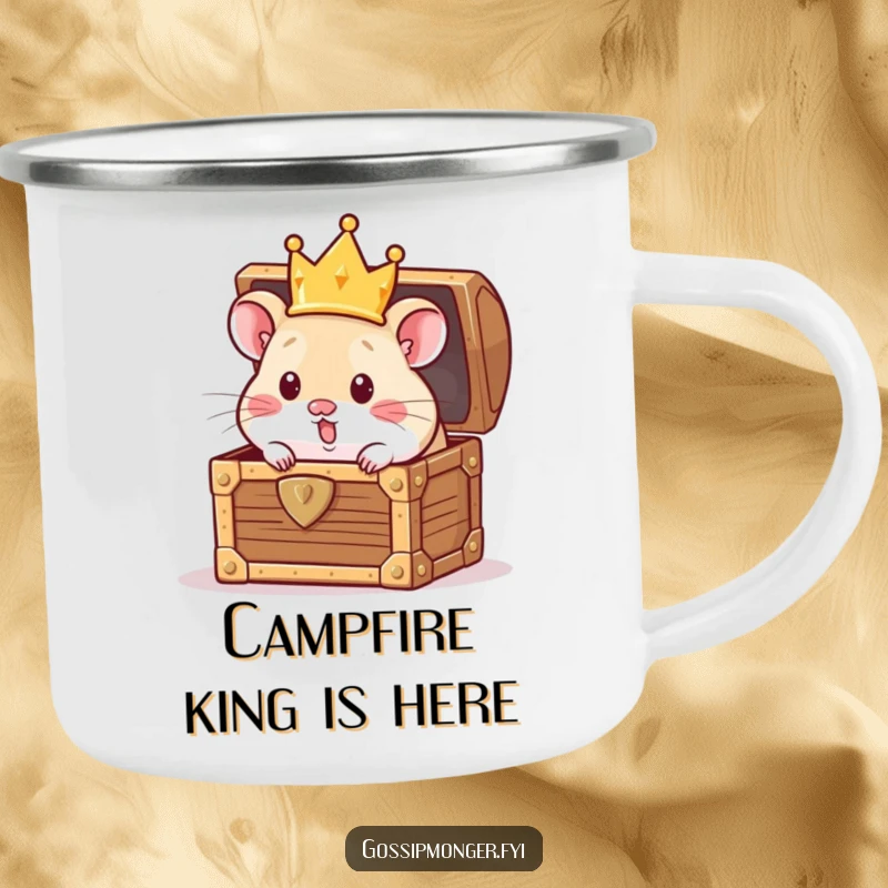 Funny Camping Mug: Curious hamster with a crown peeking from a treasure chest, great for funny outdoor adventures, a cool funny gift.