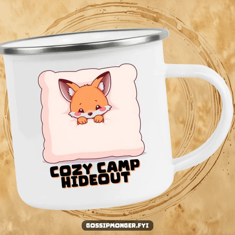 Funny camping mug featuring a tiny kawaii fox peeking from behind a giant plush pillow, ready for outdoor adventures with shy charm.