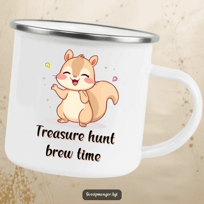 Funny Kawaii Squirrel Camping Mug: A cheerful, cute squirrel juggles tiny, sparkling gems with a delighted expression, a durable outdoor mug.