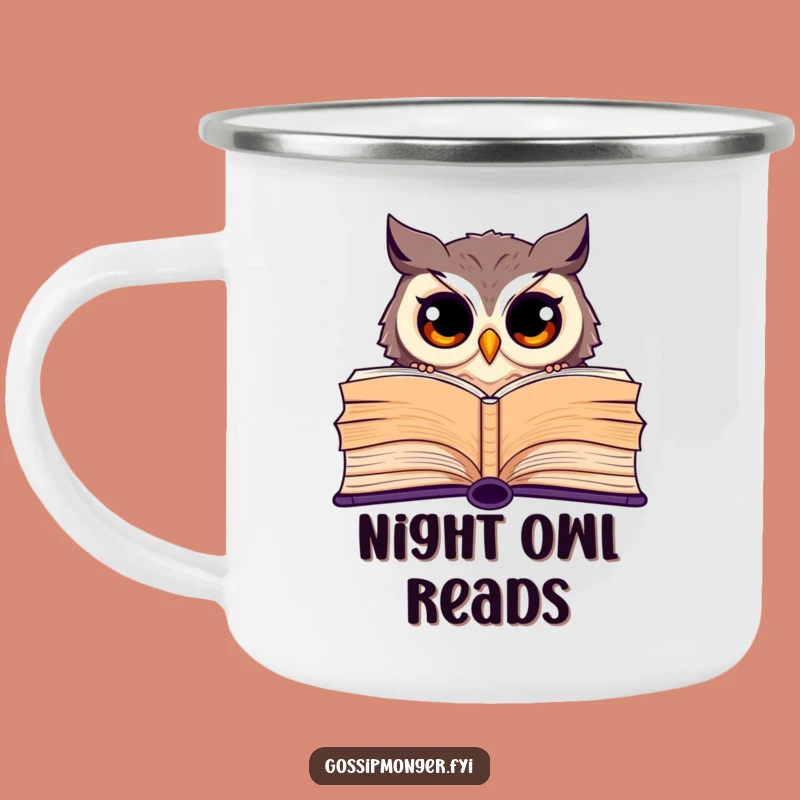 Funny Owl Camping Mug: Curious Bookworm Owl Enamel Mug, a Ruggedly Humorous Gift