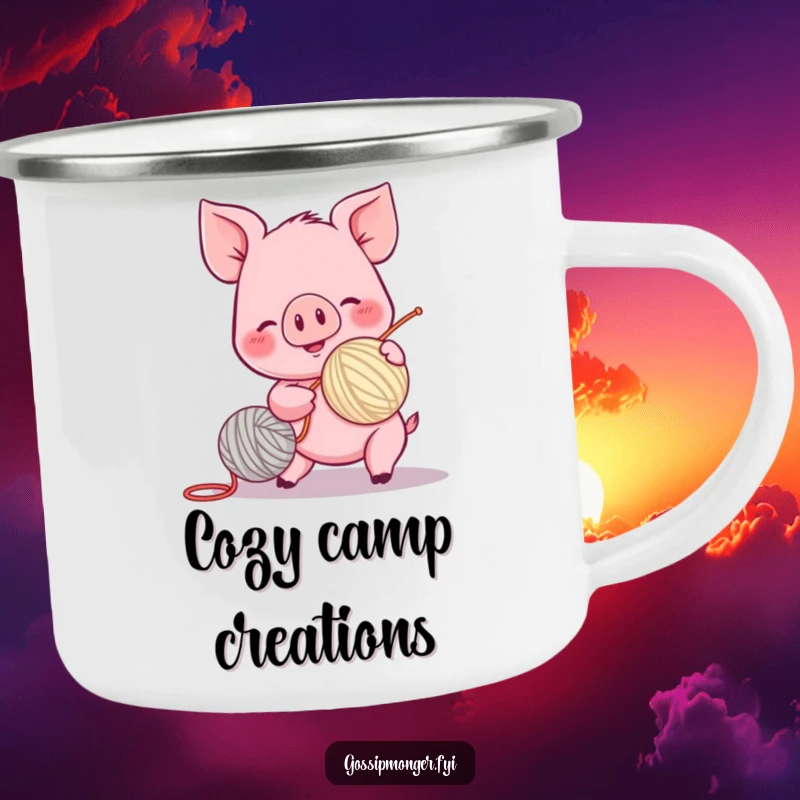 Funny piglet character camping mug, spinning a yarn ball with excitement, rosy cheeks, enamel finish, durable for outdoor use.