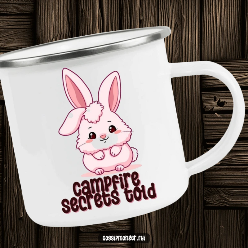 Funny fluffy pink bunny peeking conspiratorially behind a large stylized ear, perfect for enjoying drinks with outdoor humor.