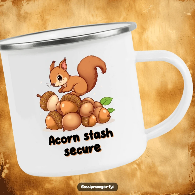 Funny Squirrel Acorns Camping Mug: A rugged mug with a squirrel balancing on acorns, designed for outdoor enthusiasts who love humor.