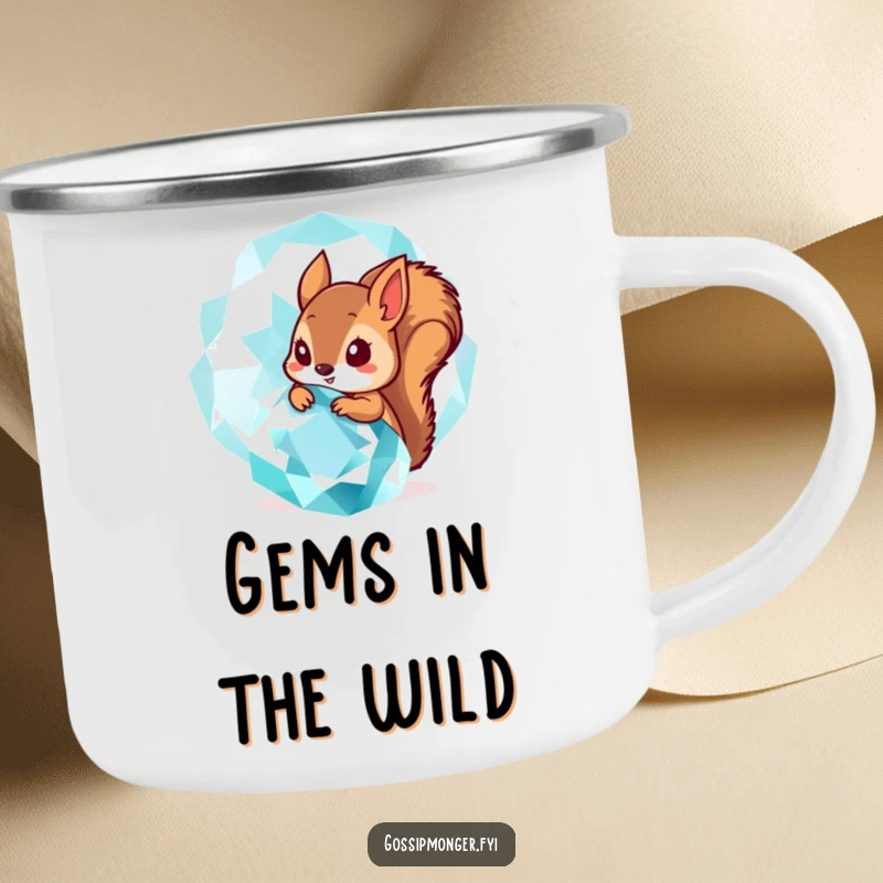 Funny Camping Mug: A tiny squirrel peeks from behind a giant, sparkling gemstone, perfect for enjoying drinks outdoors, funny gift.