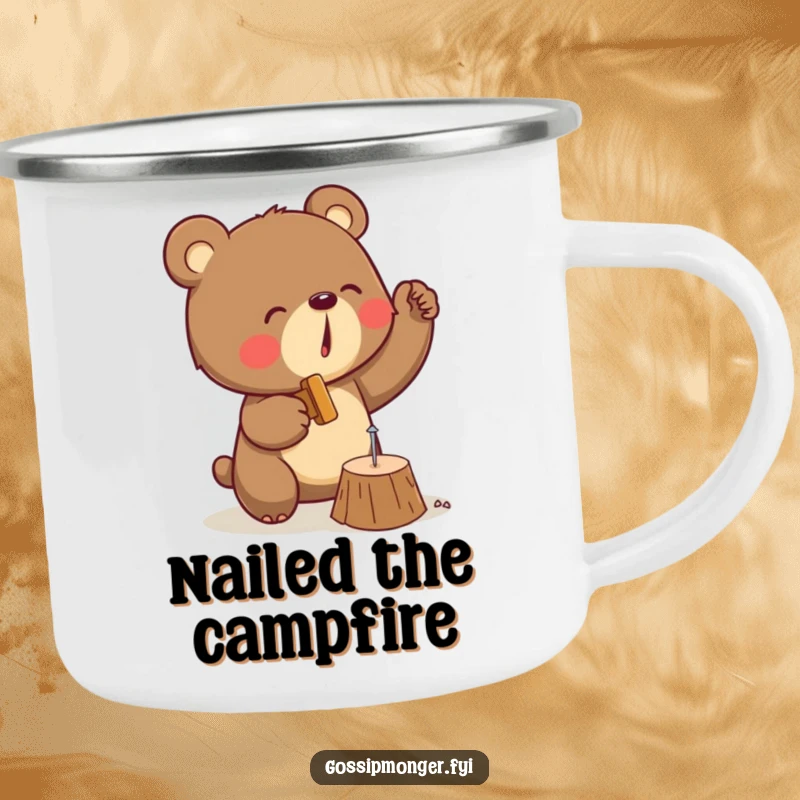 Funny camping mug displaying a determined bear hammering a tiny nail into wood, ready for any outdoor project.